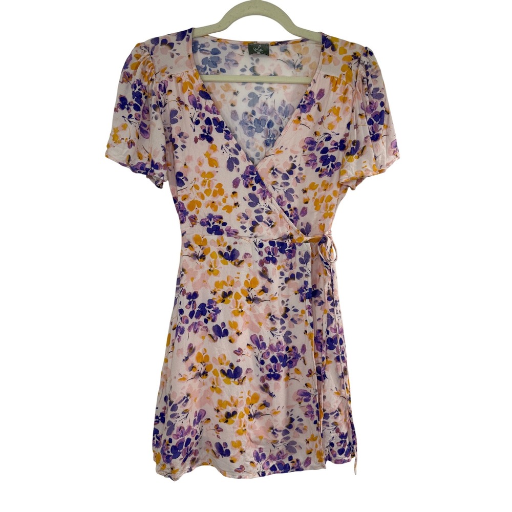 Isla Descoco Floral Wrap Dress Womens M Pink Purple Yellow Mini Short Sleeve EX